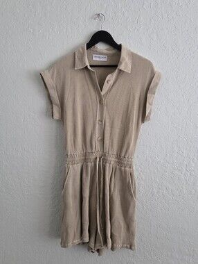 Tresor Cache Waffle Knit Cotton Tan Neutral Casual Romper Boho Nautical Beachy